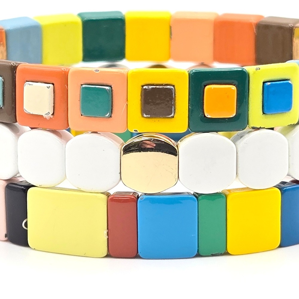 Two Roxanne Assoulin Enamel Tile Stretch Bracelet Set Multi Color White Gold RA